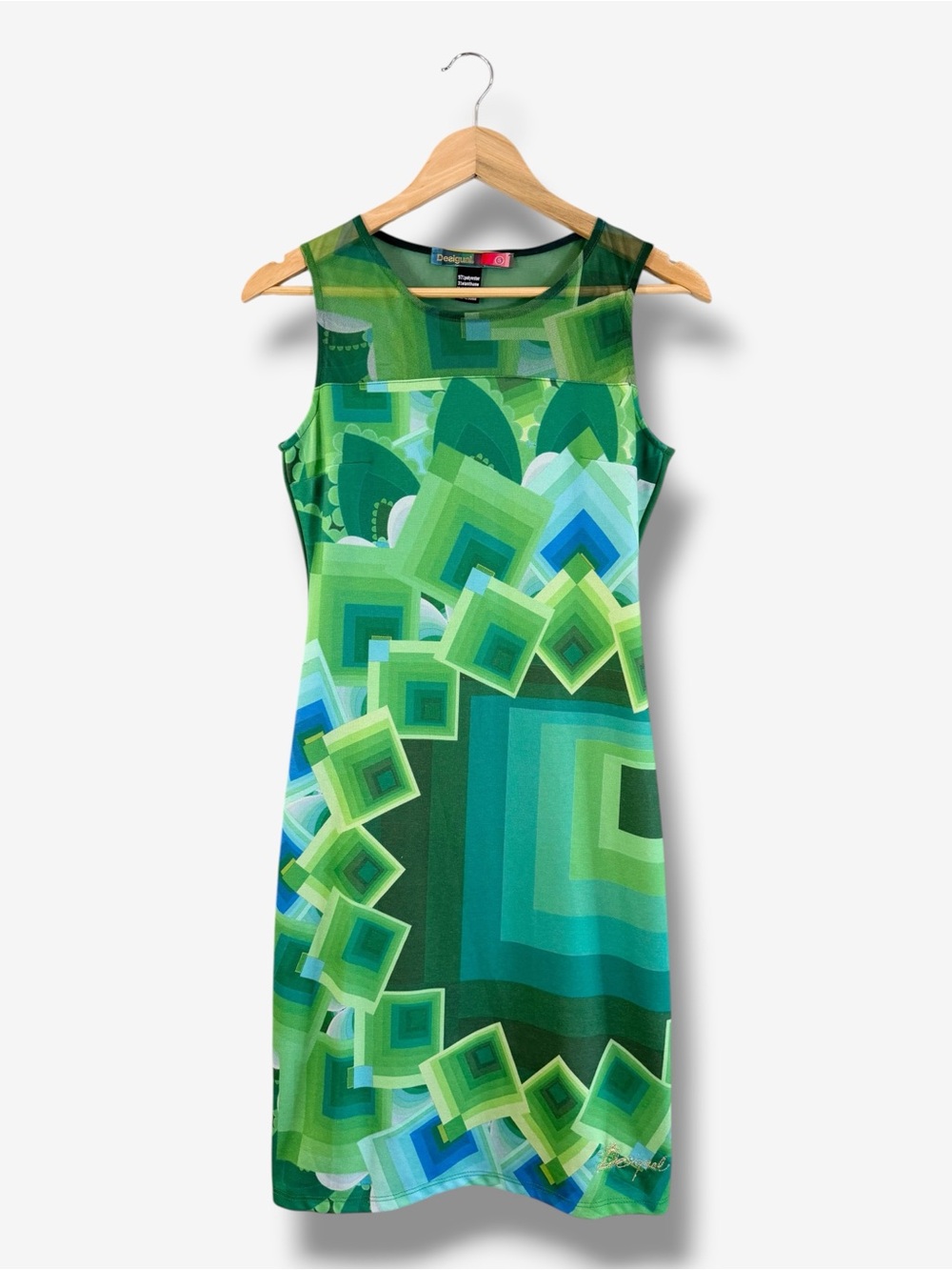 Desigual 90s Retro Pencil Dress Size S Green Abstract Geo Print Sleeveless Y2K